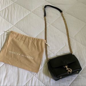Rebecca Minkoff black pebbled leather crossbody purse gold chain small